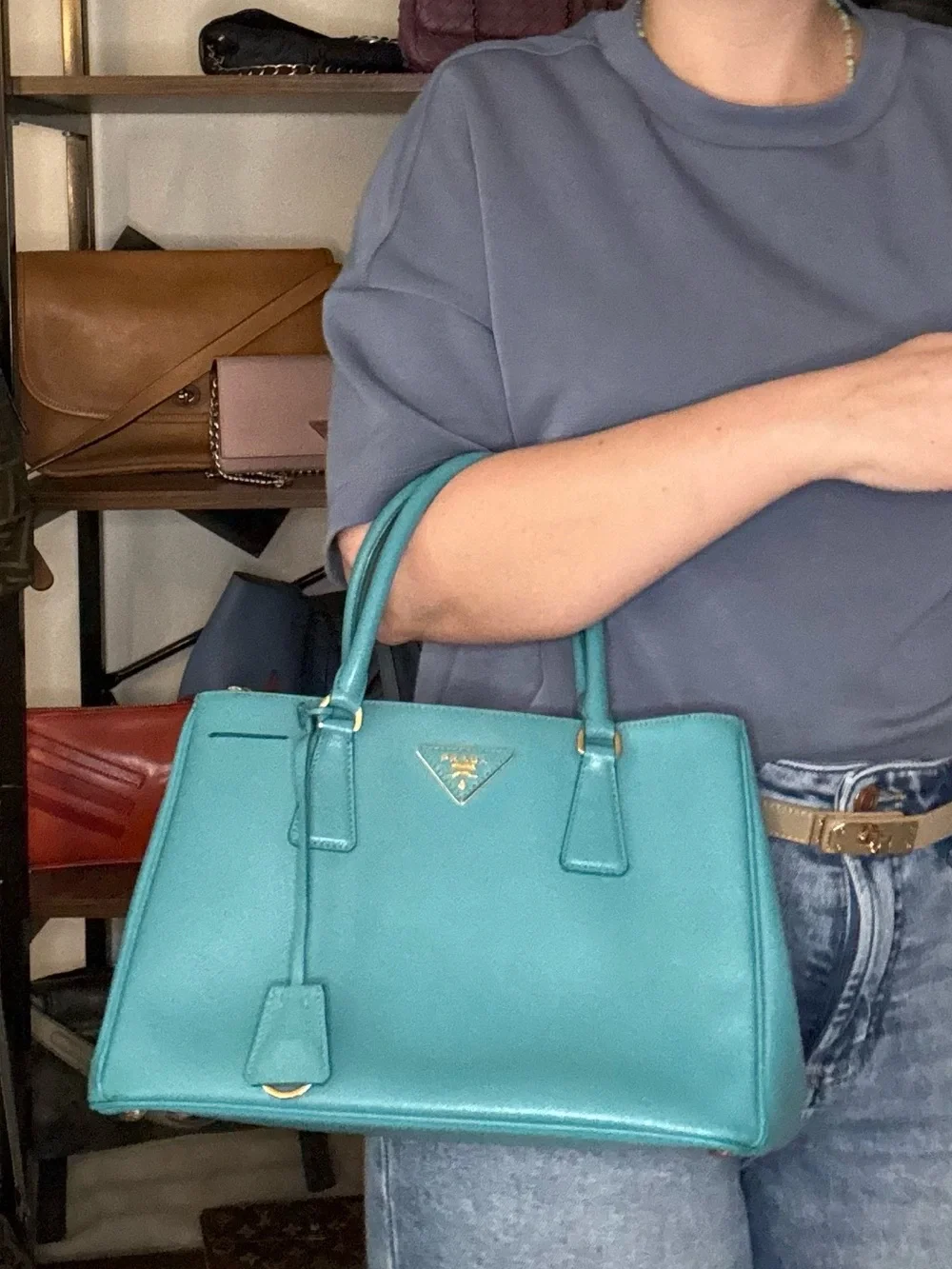 Prada Teal Blue Saffiano Leather Satchel with Gold Hardware - Picture 16 of 16